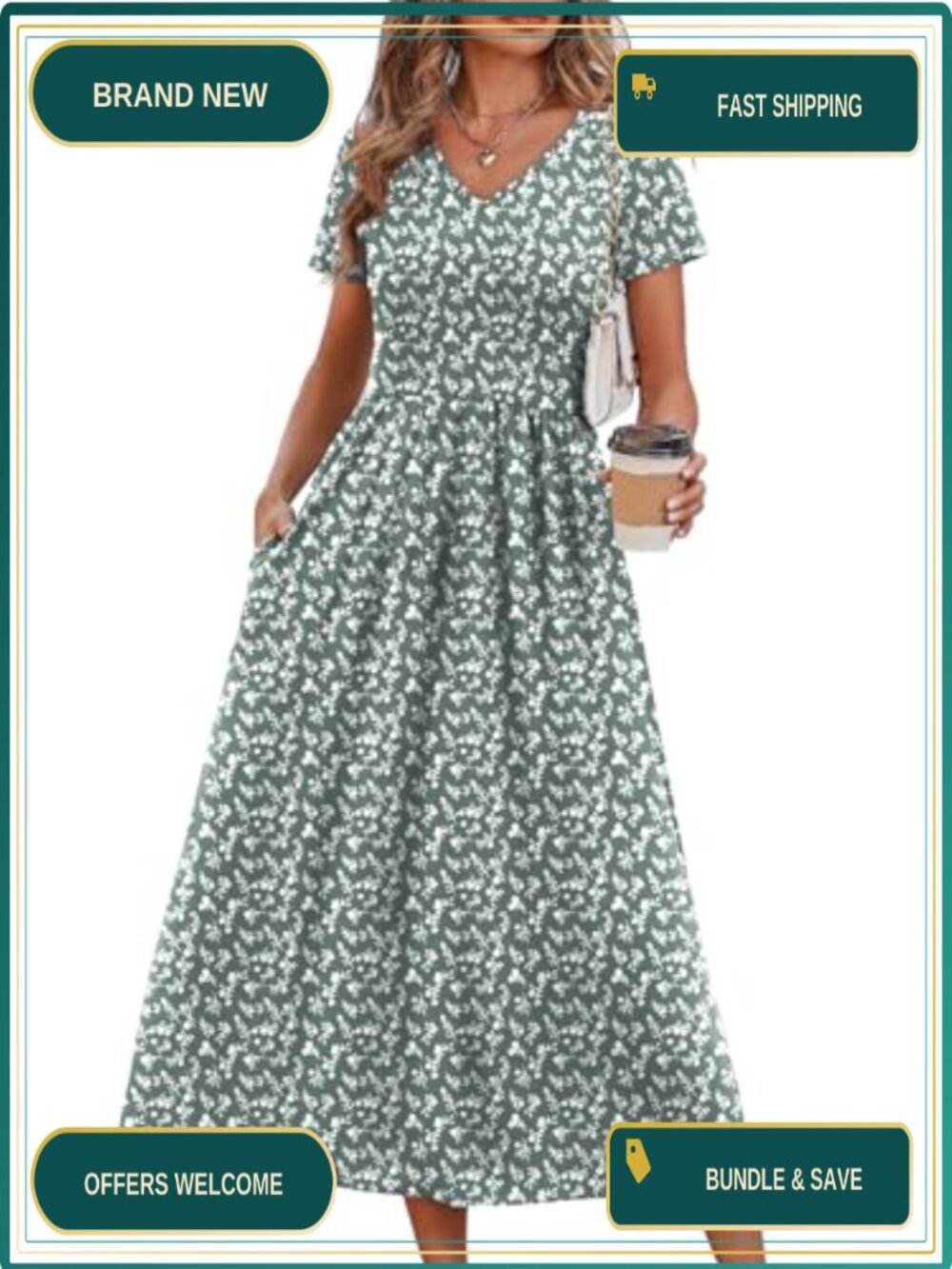 Women's Flowy A-Line Midi Dress with Pockets V-Neck Short Sleeve Casual